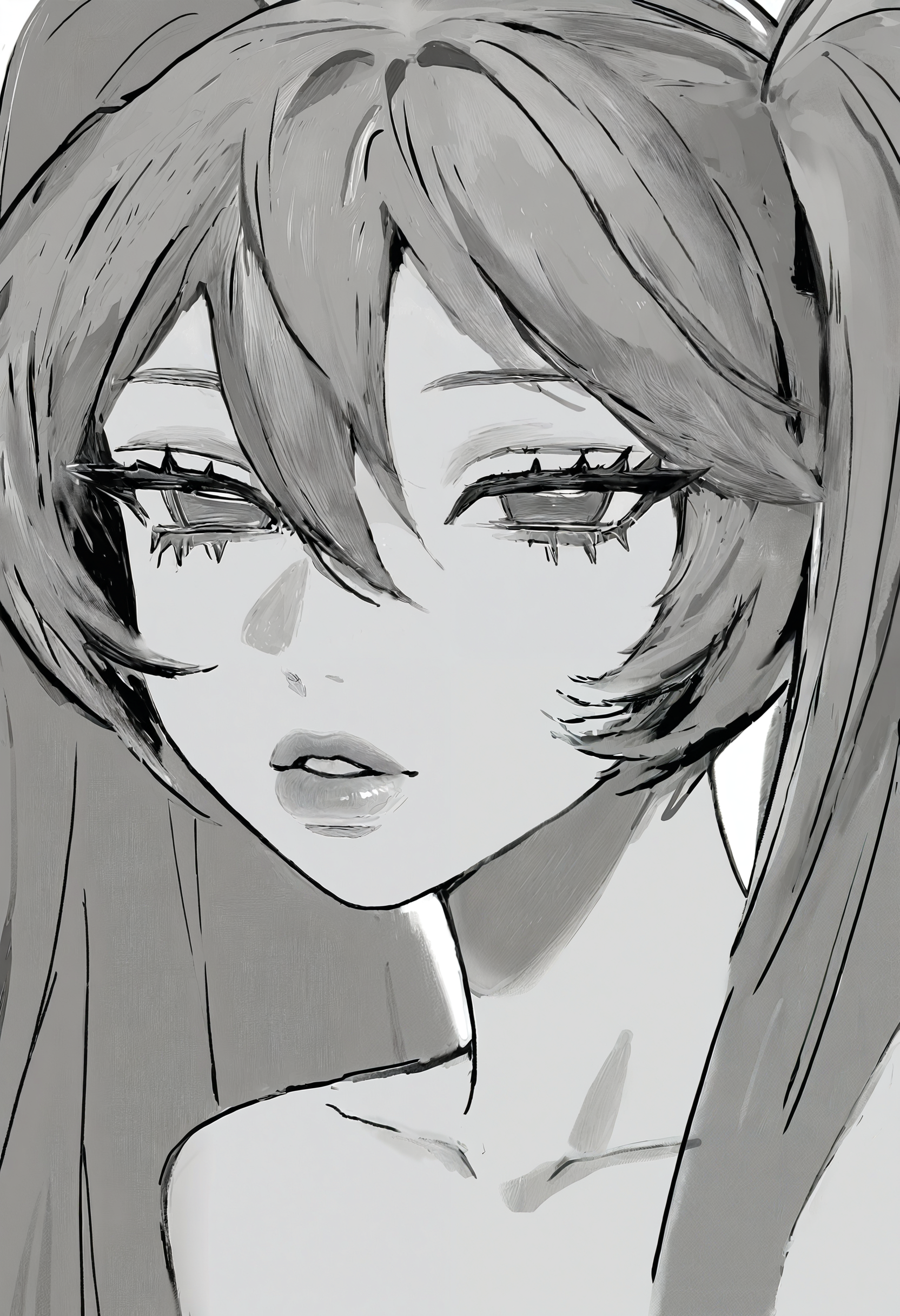 <lora:eXZvdG9ybw==-noobaiXLNAIXL_epsilonPred_V110_V1-CAME>, eXZv, hatsune miku, 1girl, greyscale, monochrome, solo, parted lips, hair between eyes, portrait, eyelashes, close-up, long hair, lips, long eyelashes, collarbone, half-closed eyes, twintails, looking at viewer, expressionless