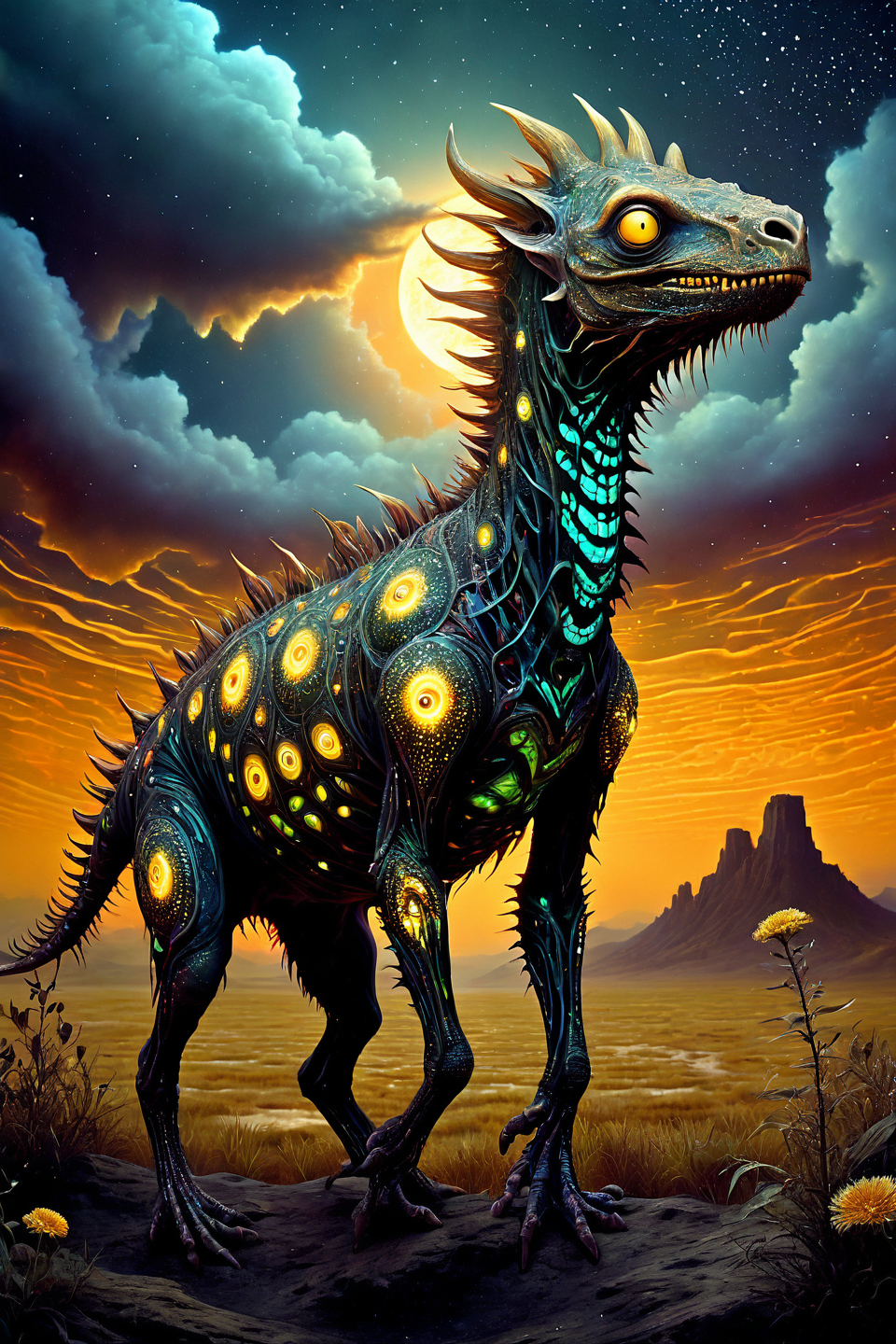 a magnificent male zombie jumping in a savannah, golden sky with lightning, very detailed, intricate, metallic colour palette, dw01-3400