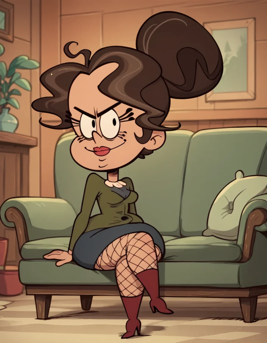 <lora:MoragPony1.0:0.9>Morag, 1girl, solo, brown hair, smile, hair bun, lipstick,fishnets, red boots, , looking at viewer,sitting, score_9, score_8_up, score_7_up, score_6_up, score_5_up, score_4_up sitting, couch, crossed legs,