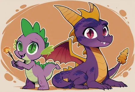 score_9, score_8_up, score_7_up, score_6_up, score_5_up, score_4_up, minimalist lineless art, (2 dragons in hotsprings:2), fang, no humans, (large dragon with purple eyes and a small dragon with green eyes:0.75), (large purple dragon with black eyes:0.7), eye contact, (small purple dragon with green eyes:0.7), (Spyro the dragon:0.4), (spike:0.25), (rating_safe:1.2), Spike and Spyro