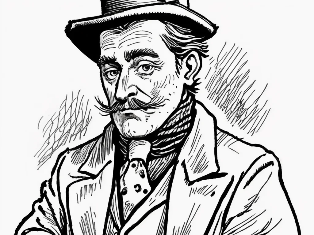 lineart, caricature, stylish Victorian man in a hat and jacket, <lora:pen-art:0.9>