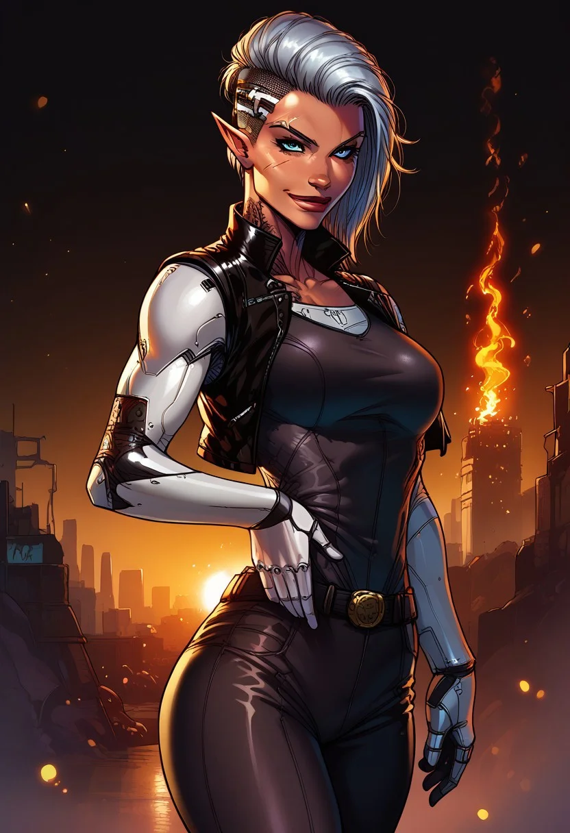 score_9, score_8_up, score_7_up, score_6_up, score_5_up, masterpiece, perfect face, perfect hands,perfect eyes, high quality,
side stance tough pose, (1Big scar over one eye and eyebrow down to cheek:2,0), evil look in the eyes,standing, looking at viever,
athletic build, 1dark elf girl, black brown skin color, long side cut,(long elf ears:3,5), short spiky hair, hair color mix white and copper red, breasts, (1sleeve Tattoo deathsmoke: 0,8) ice blue eyes, one hand on hip, (facial scars:3,0),
cargo pants, white V cut t-shirt, (leather vest:3,0), army boots,
tactical glowes, utility belt, bandolier, (visable cybernetics on the side of the head:4,0), (half the head is coverd in metal on the head:3,0),
smirk, cheerful, 1 silver tooth,
cybernetics only on head,
cyberpunk,
BREAK
urban sci-fi, light rays, windows, city ruins, city ruins, warzone, street, , (burning building:2,0),
ais-rmr,easynegative,