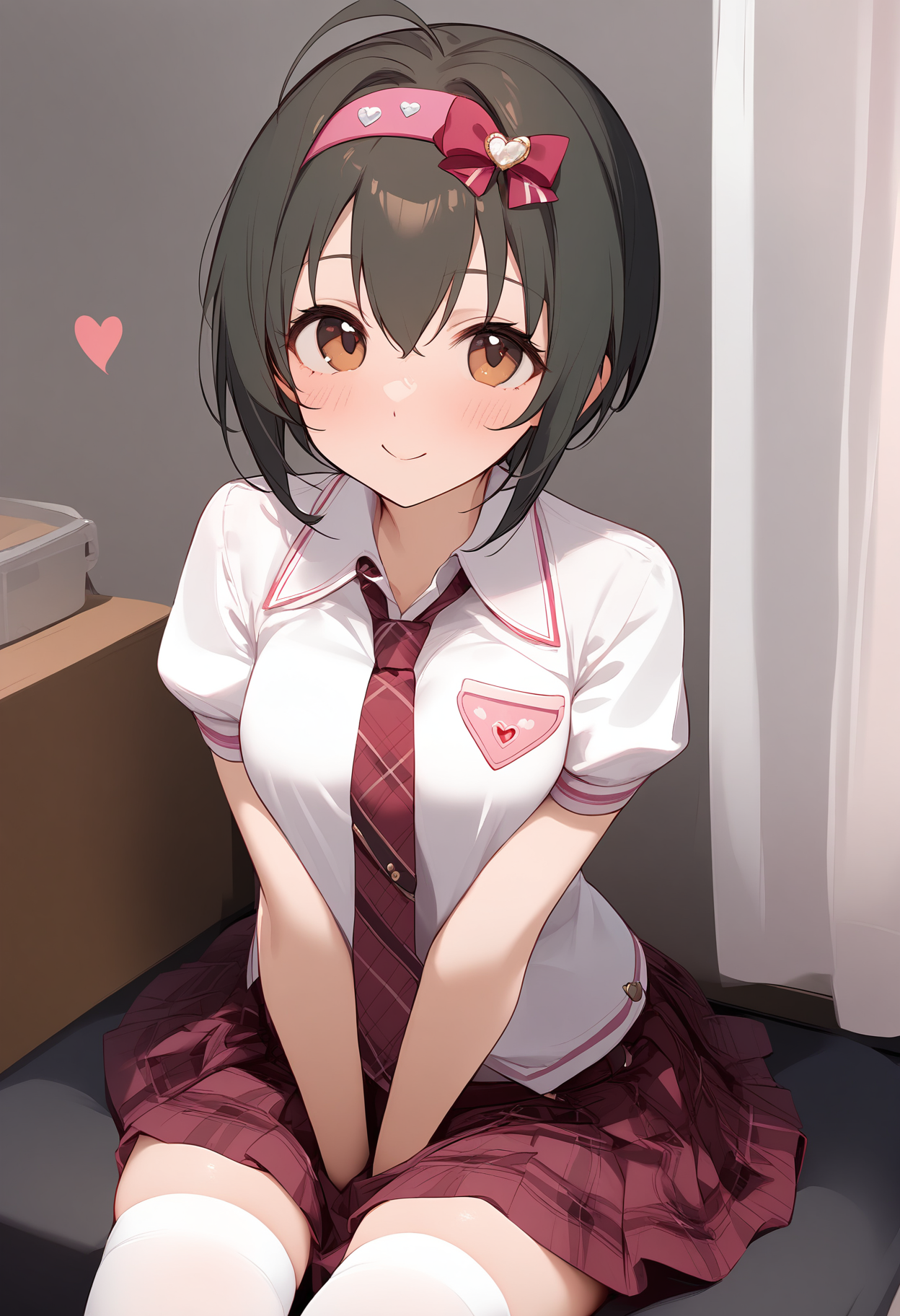 1girl,blush,kohinata miho,necktie,pink hairband,skirt,smile,solo,hair bow,looking at viewer,white thighhighs,heart,zettai ryouiki,<lora:a31_char_new_kohinata_miho-000024:1>masterpiece, best quality, absurdres<lora:a31_style_koni-000010:0.8>