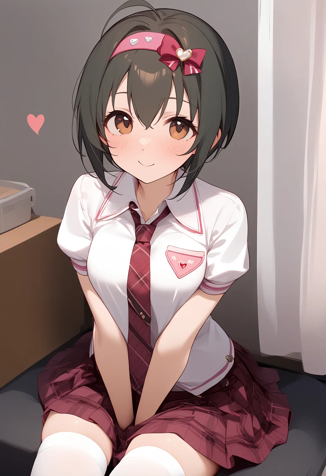 1girl,blush,kohinata miho,necktie,pink hairband,skirt,smile,solo,hair bow,looking at viewer,white thighhighs,heart,zettai ryouiki,<lora:a31_char_new_kohinata_miho-000024:1>masterpiece, best quality, absurdres<lora:a31_style_koni-000010:0.8>