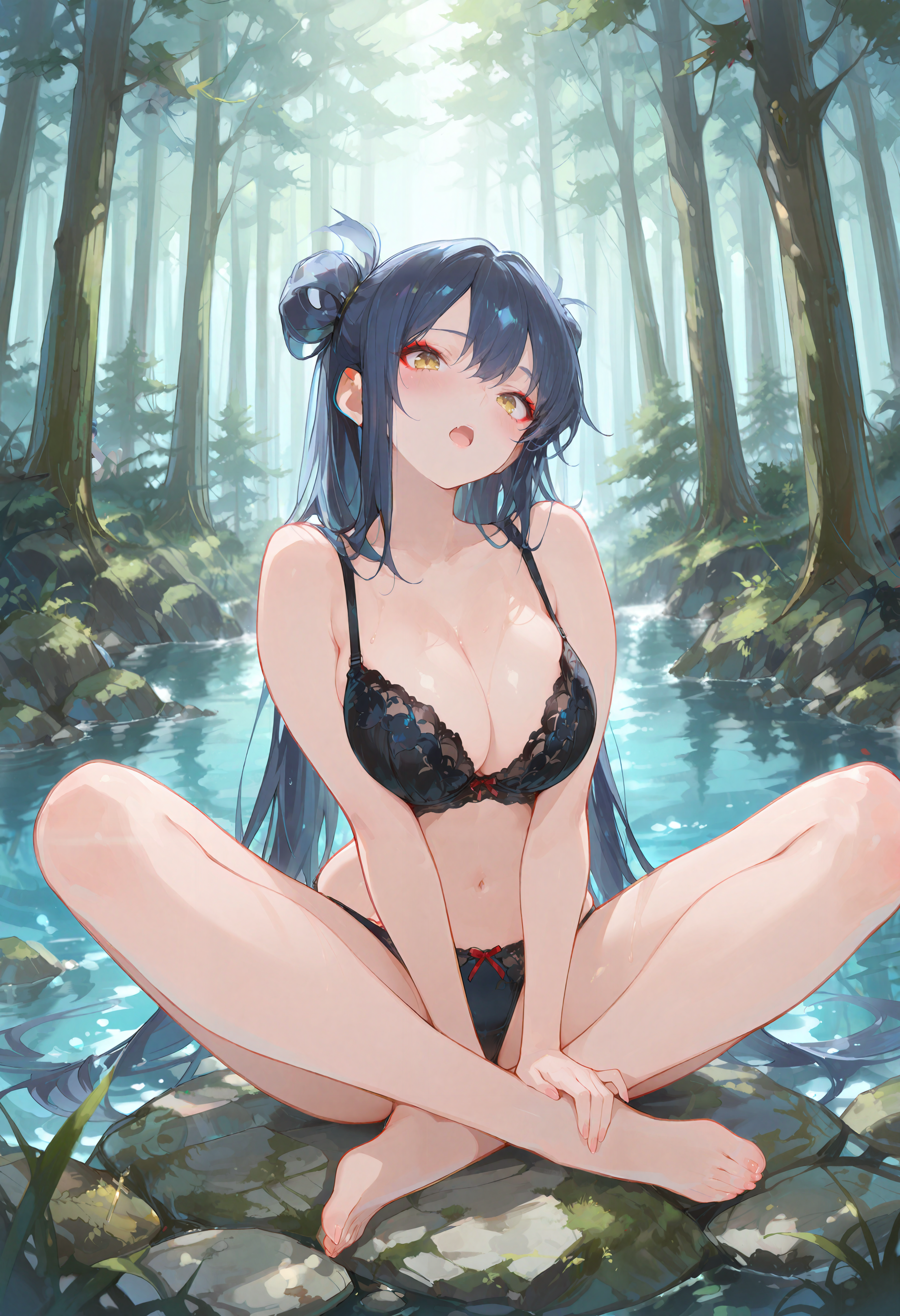 (masterpiece, best quality:1.2), amazing quality, very aesthetic, 32k, absurdres, extremely beautiful, extra details, (sharp detailed:1.2), sharp focus, absurdres, official art, detailed anatomy, correct anatomy, character focus,
1girl, velgrynd, navy blue hair, solo, hair buns, very long hair, large breasts, golden eyes, red eyeliner, forest, cross legged, looking at the viewer, open mouth, blush, black bra, black panties,
 <lora:velgrynd_v3:1>