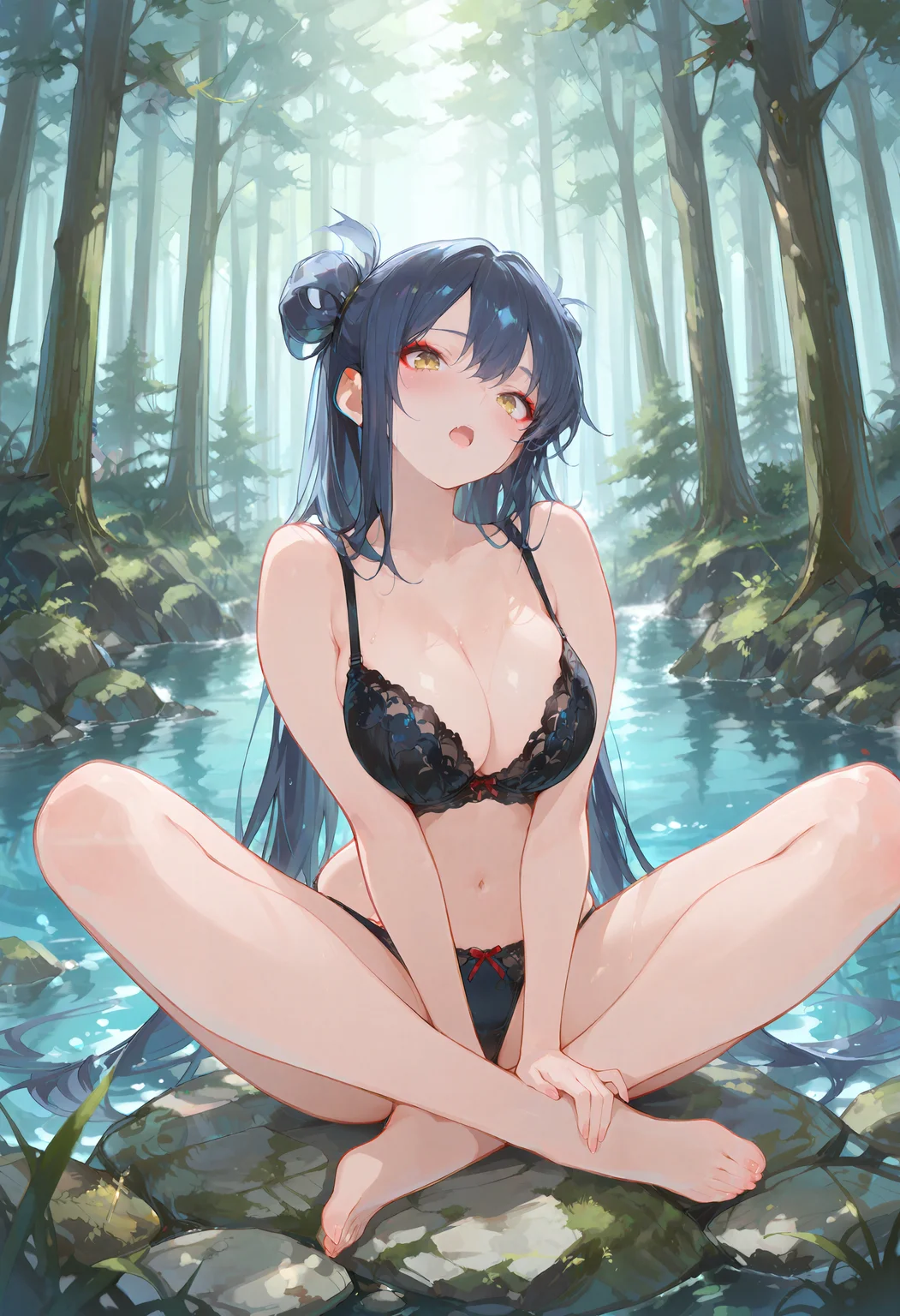 (masterpiece, best quality:1.2), amazing quality, very aesthetic, 32k, absurdres, extremely beautiful, extra details, (sharp detailed:1.2), sharp focus, absurdres, official art, detailed anatomy, correct anatomy, character focus,
1girl, velgrynd, navy blue hair, solo, hair buns, very long hair, large breasts, golden eyes, red eyeliner, forest, cross legged, looking at the viewer, open mouth, blush, black bra, black panties,
<lora:velgrynd_v3:1>