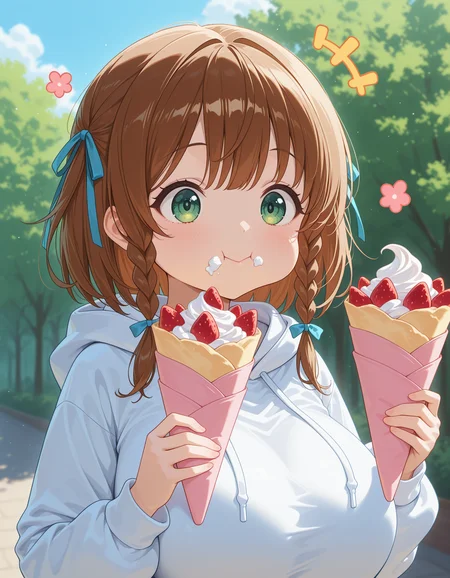 1girl, cute face, puffy cheeks, happy aura,
brown hair, braided sidelock, hair ribbon, green eyes,
white hoodie,
surreal, strawberries and whipped cream flying around,
holding crepe, eating, whipped cream around mouth, portrait,, SmoothNoob_Quality