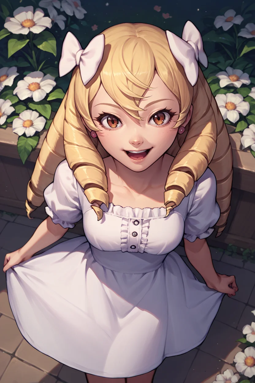 score_9, score_8_up, score_7_up, score_6_up, source_anime, 1girl, solo, <lora:femaribelle-pdxl-nvwls-v1-000005:1> maribelle, blonde hair, long hair, drill hair, hair bow, earrings, white sundress, frills, looking at you, flowers, from above, happy