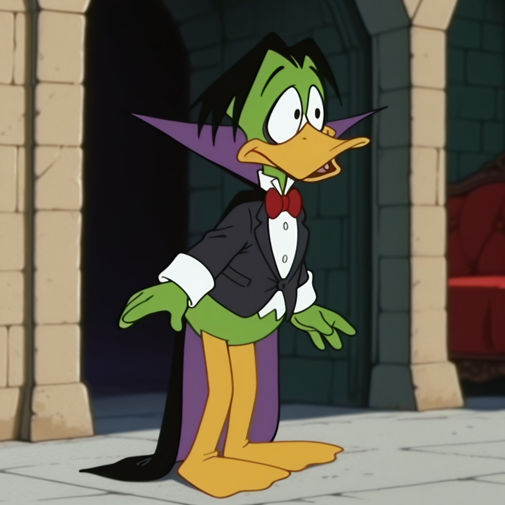 masterpiece, best quality, amazing quality, DuckulaCDil, semi-anthro, male, vampire duck, green feathers, black hair, black eyes, black jacket, white shirt, black cloak, red bow tie,, solo, full body, standing, in castle,, <lora:615f9c33-0a63-45f9-a3d8-85ab17930f67:1.0>