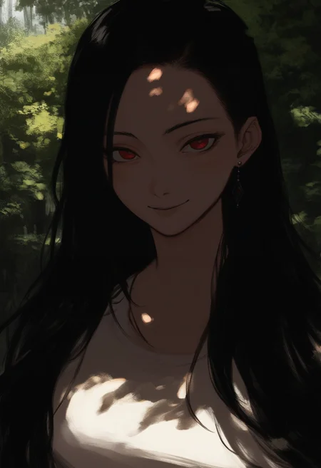 score_8_up, source_anime, woman, smile, stud earrings, long hair, black hair, red eyes, looking at viewer, seductive smile, light blush, outdoors, forest, shade, upper body,
<lora:DarkerThanDarkV1:0.5>