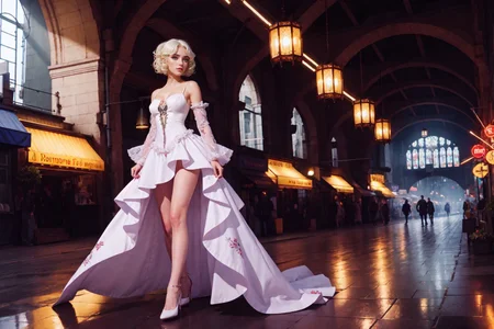 natnobody,  cinematic industrial scene of large scale metal forge, (style of Nick Knight), [regal:industrial:0.7] evil queen in almost all white attire, standing with a commanding presence, golden cyborg mechanical hand glinting in the low light, intricate and polished, overlooking a massive industrial forge, the factory filled with heavy machinery and intense heat, metallic surfaces reflecting fiery hues, constructing mechwarrior/ED-209 inspired machines. Her gown is an elaborate blend of traditional and futuristic design, white flowing fabric with subtle metallic accents, high collar, adorned with delicate, glimmering embroidery. Sharp, angular shoulder pads, contrasting with the fluidity of her functional gown. Her expression is stern and unyielding, eyes piercing through the smoky haze, dark makeup accentuating her fierce gaze. Surrounding her are towering robotic constructs, gears and pistons moving rhythmically, sparks flying as metal is forged and shaped, glowing molten metal. Robotic manufacturing machine arms curl in the distance. The atmosphere is dense with smoke and the scent of molten metal, creating a stark contrast to her pristine appearance, a juxtaposition of purity and raw industrial power. full body dynamic pose, full length, wide shot, entire person, standing, head to toe, long shot, distant view, (chin-length short hair, bleached white-colored hair, curly hair, center part:1.63), BREAK (24 years old feminine seductress, european adult woman:1.42), BREAK (Oval-shaped face, luminous complexion, glowing aqua+ almond-shaped eyes, thin brows, small upturned nose, thin supple lips:1.23), volumetric lighting, subsurface scattering, (special effects, color grading, fantasy aura)