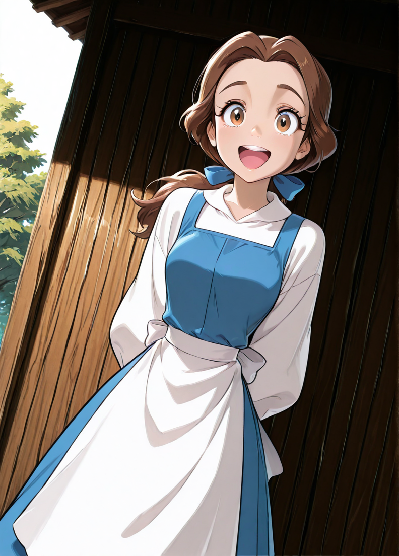 masterpiece, best quality, amazing quality, very aesthetic, absurdres, newest, 4k, 8k, dynamic angle, official style, sugimorixd, outdoors, 
1girl, solo, blue dress, looking at viewer, long hair, brown hair, brown eyes, bellexd, low ponytail, white apron, long sleeves, blue hairbow,
excited,
<lora:Expression_Detailer_Illustrious_Lora:1>,  ,<lora:sugimoi:1> <lora:Bella:1>