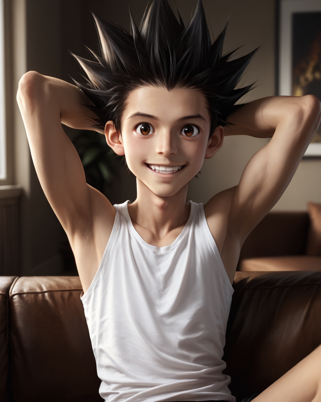 score_9, score_8_up, score_7_up, intricate details, rating_questionable,
<lora:homri52:1>
,
<lora:Gon_Freecss_Pony:0.8>, 1boy(gon, spiked hair, black hair, brown eyes, looking at the viewer, solo, happy, 
cowboy shot, sitting on a sofa, leaned back, arms raised, hands behind head, typical clothing), comfy living room, at night, dark room, low light,
highres,
detailed background, depth of field, 
<lora:ral-chrosc-clr:0.5>, ral-chrosc-clr,
<lora:Expressive_H:0.5>, Expressiveh,
<lora:xl_more_art-full_v1:0.3>,
<lora:add-detail-xl:0.3>,