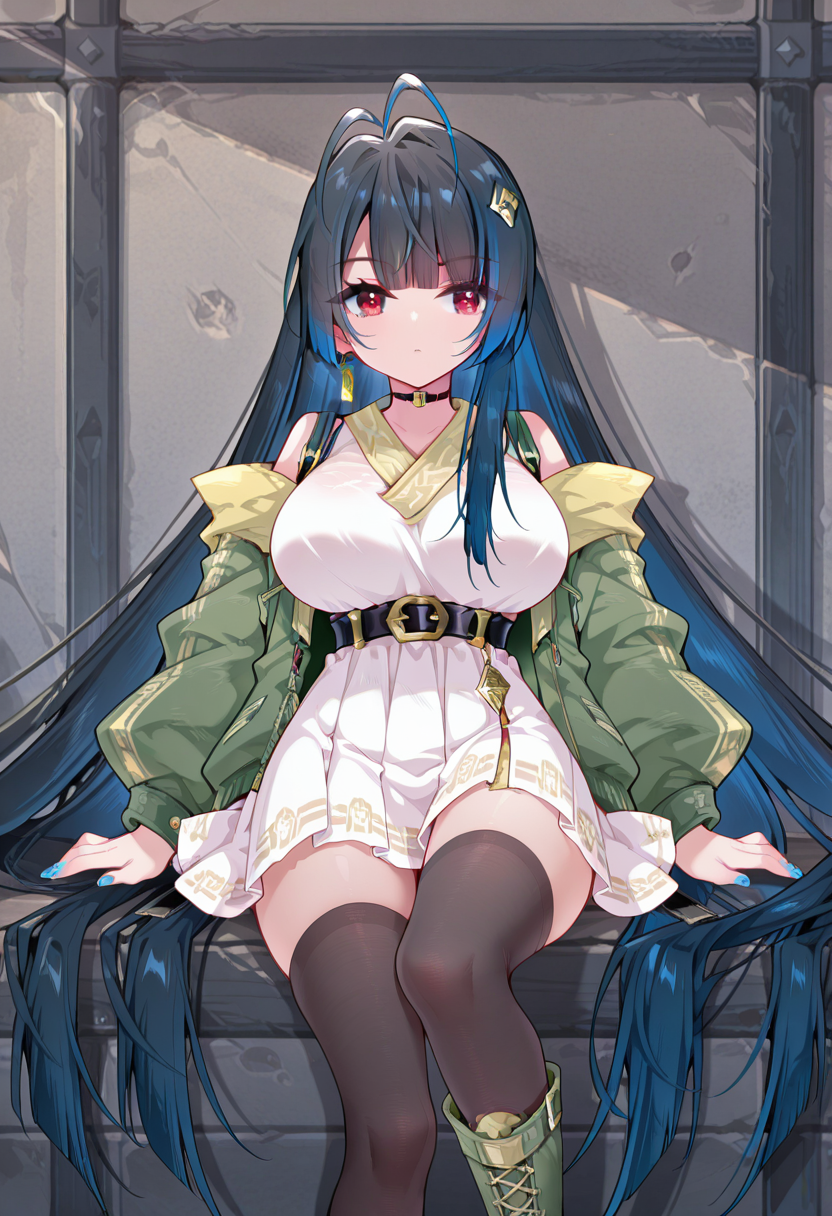 <lora:Liu_Feixue_V2-20:1>, Liu Feixue, 1girl, solo, very long hair, black hair, multicolored hair, blue hair, ahoge, antenna hair, bangs, blunt bangs, streaked hair, hair ornament, single earring, red eyes, large breast, blue nails, black choker, green jacket, white dress, belt, white skirt, black thighhighs, green boots, <lora:hand 5.5:1>