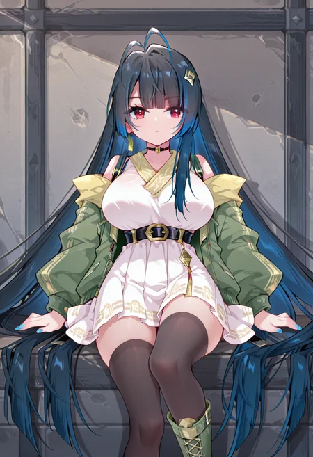 <lora:Liu_Feixue_V2-20:1>, Liu Feixue, 1girl, solo, very long hair, black hair, multicolored hair, blue hair, ahoge, antenna hair, bangs, blunt bangs, streaked hair, hair ornament, single earring, red eyes, large breast, blue nails, black choker, green jacket, white dress, belt, white skirt, black thighhighs, green boots, <lora:hand 5.5:1>