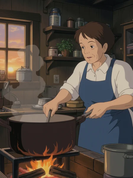 A middle-aged woman with a weathered face and wearing a blue apron is tending to a large pot over a fire in the village kitchen. The kitchen is warm and cozy, with wooden shelves full of jars and herbs. The sun is beginning to set, casting a soft orange glow through the windows. The camera is positioned to show the woman’s focused expression as she stirs the pot, with the glowing fire in the foreground.