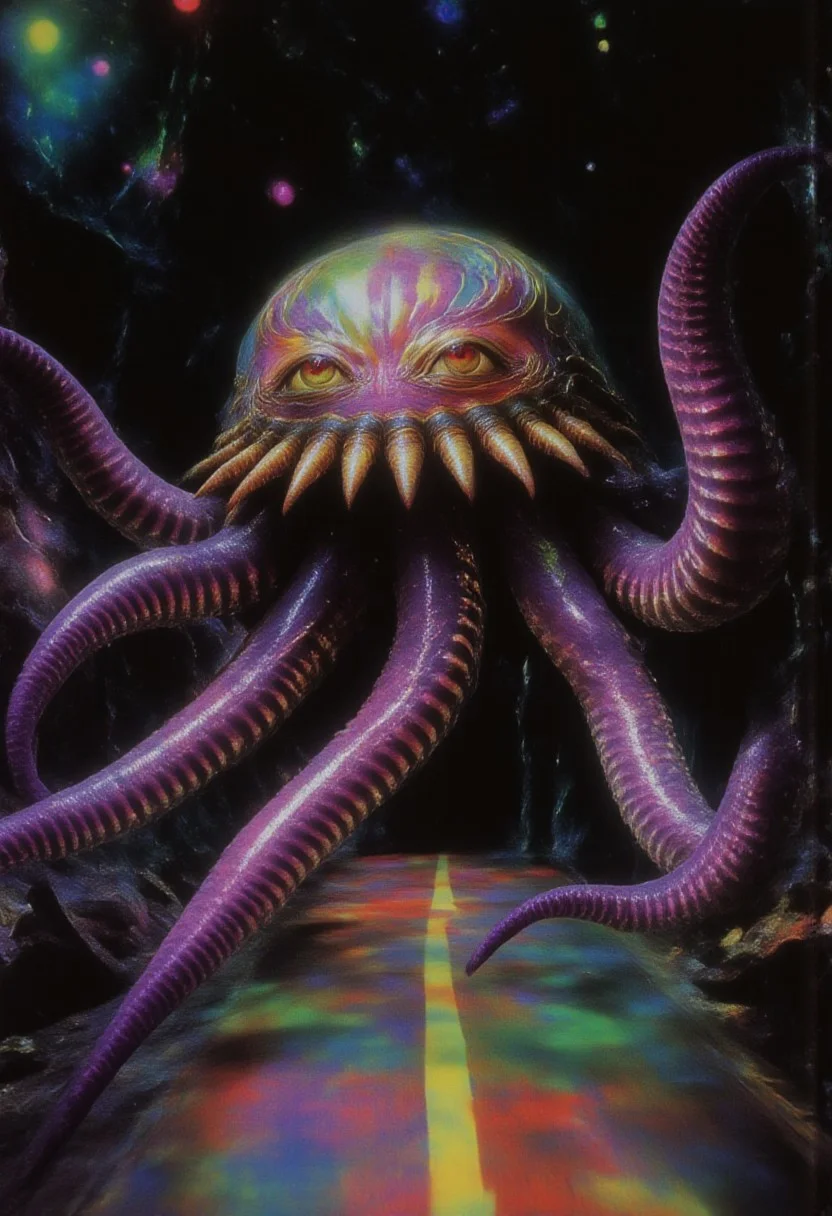 In the style of ff-ss, an 8-tentacled purple octopus on a stage