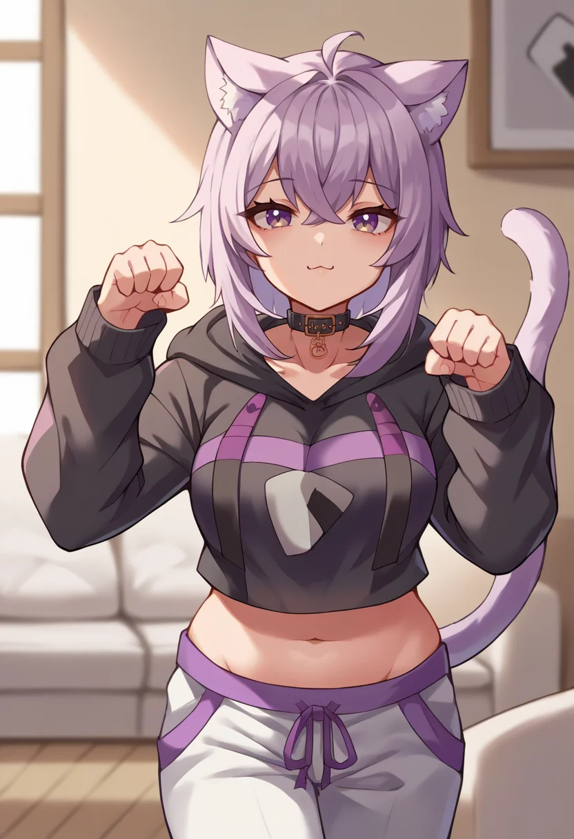 score_9, score_6_up, source_anime, 1girl, solo, living room, okayu_base, black hoodie, onigiri print, midriff, white pants, animal collar, cat tail, ahoge, :\3, paw pose, mature <lora:nekomata_okayu_sdxl_pony:1>