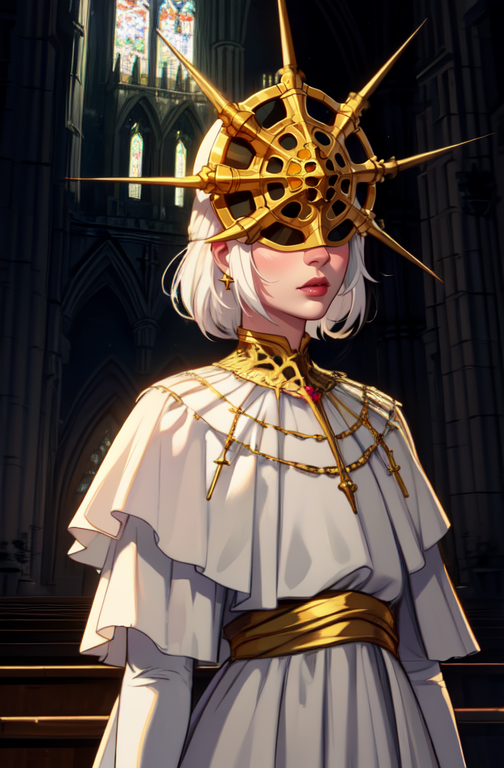 Gwyndolin, white hair, lips, androgynous, 
 gold mask, covered eyes, gold jewelry, white elbow gloves, white dress,
snakes, 
upper body, standing,
cathedral,  indoors,   night,  moonlight, 
(best quality, masterpiece, perfect face, beautiful and aesthetic:1.2, highest detailed face),
 <lora:Gwyndolin-10v7:0.7>