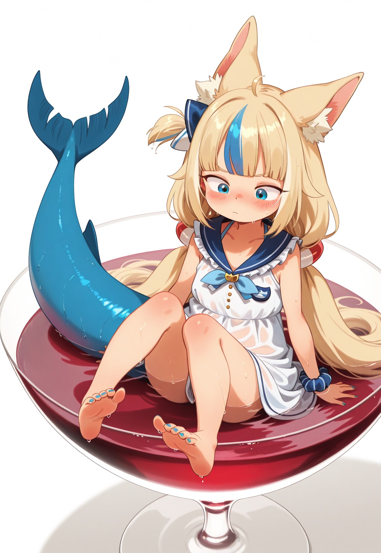 masterpiece, best quality, (magowasabi, khyle.:0.6),

in_glass, mini person, feet, in food, partially submerged, sitting, wet, red wine,

1girl, blue eyes, blonde hair, blue hair, very long hair, streaked hair, ahoge, blunt bangs, low twintails, one side up, hair ornament, blush, cat ears, animal ear fluff, sailor dress, white dress, blue sailor collar, badge, single wrist scrunchie, blue nails, fish tail,