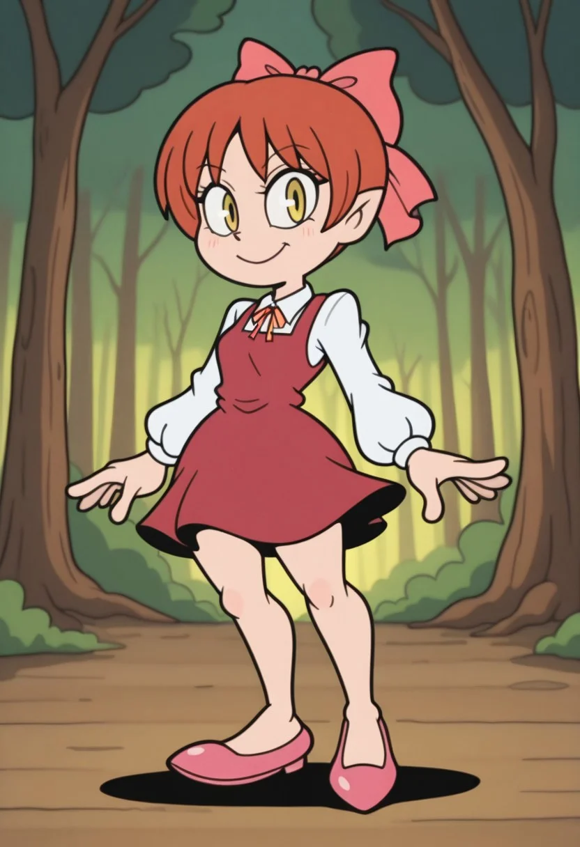 RetroXL, toon \(style\), flat color, masterpiece, best quality, amazing quality, detailed background, perfect eyes, 1girl, solo, nekomusume (gegege no kitaro 5), red hair, short hair, pink hair bow, yellow eyes, small breasts, white shirt, long sleeves, orange lace ribbon, red dress, pink footwear, looking at viewer, smile, cowboy shot, full body,
