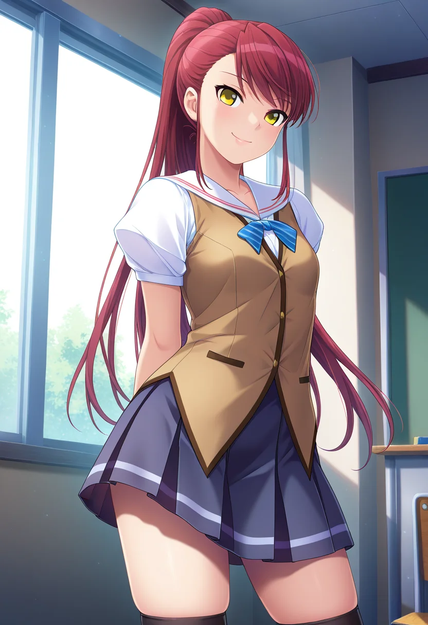 masterpiece, best quality, amazing quality, 1girl, solo, cowboy shot, sayaww, yellow eyes, red hair, long hair, very long hair, ponytail, small breasts, school uniform, blue striped bowtie, white sailor shirt, brown vest, short sleeves, dark blue pleated skirt, black kneehighs, looking at viewer, smile, indoors, day, skindentation, detailed clothing folds, depth of field, sharp, high contrast, dynamic light <lora:Niimi_Saya_Alea_ill:0.9>