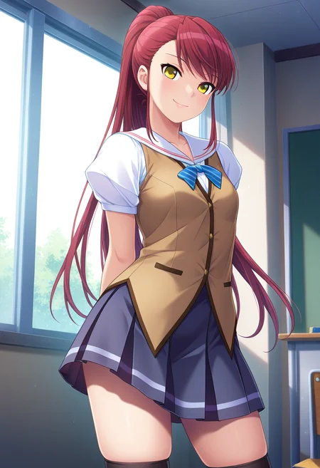 masterpiece, best quality, amazing quality, 1girl, solo, cowboy shot, sayaww, yellow eyes, red hair, long hair, very long hair, ponytail, small breasts, school uniform, blue striped bowtie, white sailor shirt, brown vest, short sleeves, dark blue pleated skirt, black kneehighs, looking at viewer, smile, indoors, day, skindentation, detailed clothing folds, depth of field, sharp, high contrast, dynamic light <lora:Niimi_Saya_Alea_ill:0.9>
