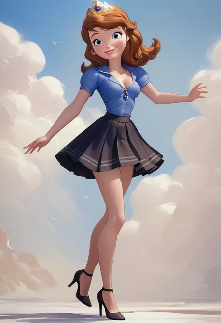 princess Sofia,brown hair,blue eyes,score_up_8, score_up_9, 1girl, solo, medium breasts, 18 years old, sky blue shirt,black skirt, miniskirt, pleated skirt, cleavage, provocative, seducatuve smile, high heels, high quality, 8k,best quality, HD, masterpiece,