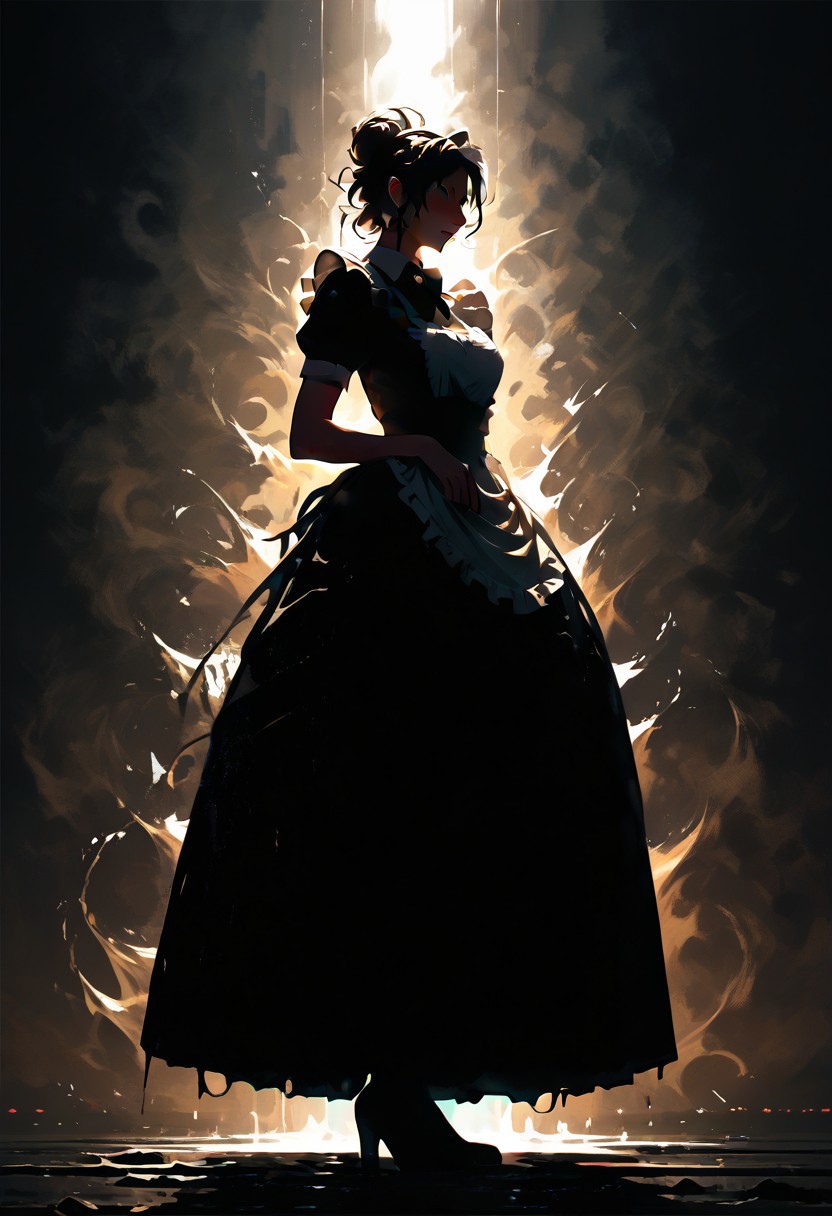 score_9, score_8_up, score_8, 
1girl, solo, female, woman
maid, french maid, backlit, messy hairbun, 
full body, 
blend_in. black background,