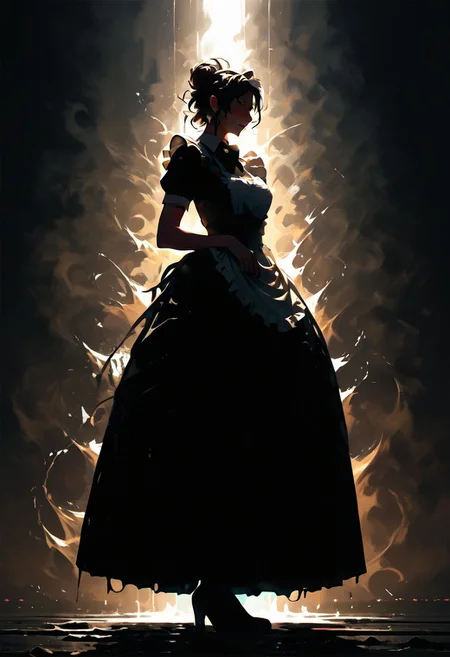score_9, score_8_up, score_8,
1girl, solo, female, woman
maid, french maid, backlit, messy hairbun,
full body,
blend_in. black background,