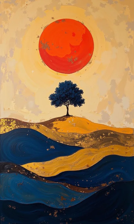 Full shot of an abstract painting. 
The upper portion of the painting is a muted golden-tan color, with a large, vibrant reddish-orange disc, reminiscent of a sun or a celestial body, positioned centrally. 
Below the sun-like disc, a dark-blue tree stands prominently on a small, rise or hill, a light golden-tan color. 
The area beneath the tree and hill is comprised of layered, undulating bands of deep navy blue and light gold, reminiscent of hills or valleys with water or vegetation. The texture of the paint suggests a certain depth and layering.
The painting style is suggestive of mixed media, possibly with elements of impasto or textural techniques. Visible brushstrokes are not sharp but contribute to the overall mood and visual interest of the composition.
<lora:FLUX-daubrez-DB4RZ-v2:1> DB4RZ, DB4RZ style painting
