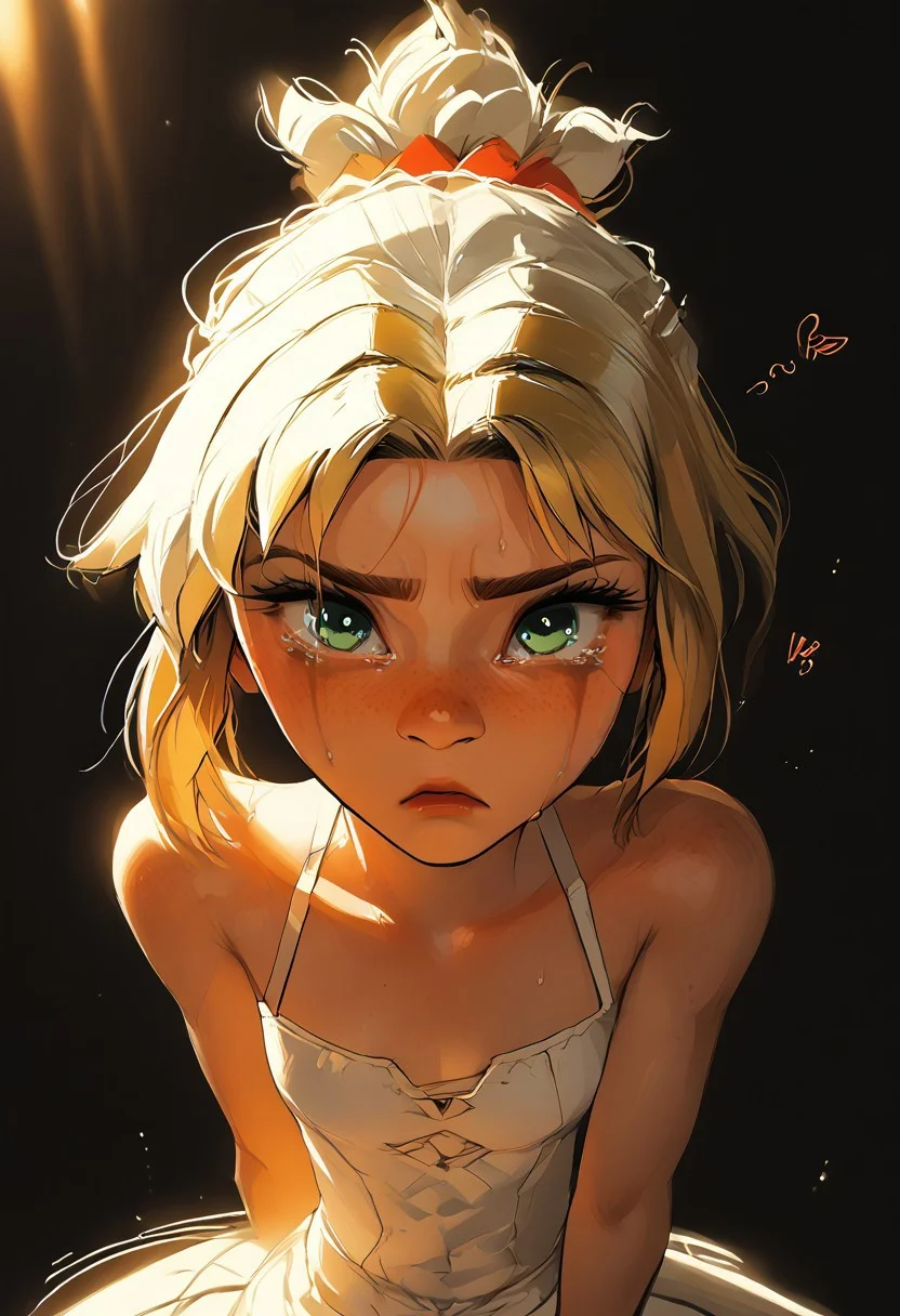 Source_anime, a woman, cute perfect face, (score_9, score_8_up, score_7_up), 1girl, 18 years old, petite, [shortstack], narrow waist, small hips, gorgeous girl ,kawai girl,  glitter makeup, oiled body, sweaty, blonde hair, short hair, ponytail, red scrunchie cute face, cute girl, looking at viewer, Expressiveh, 1girl. sweat, crying, ruined mascara, angry, sad, tears, looking at viewer, large and thin neck, thin, fit body, small ass, small waist, short hair small chest, wide eyes, green eyes, freckles, blonde hair, short hair, Ponytail, small perky breasts, flat chest, young face, kinky, adorable, petite, DB_Senya dress, wedding dress, round face, 18 years old, cutest girl in the world, cleavage, looking up, volumetric lighting, dramatic lighting, high contrast, horny, head tilted back, raw, depth of field, loving look, looking up, relaxed mouth, noises, sound effects, motion lines, action effects, hearts, floating hearts,(slim fit), , blurry background, light particles, ethereal, rating_explicit, dynamic angle, ncpy13 style, pastels drawing, dark background, motion lines, motion blur