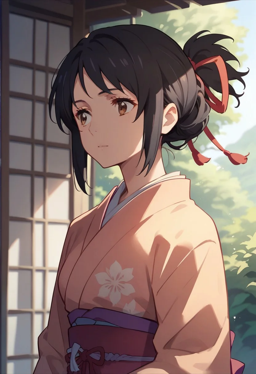 score_9, score_8_up, score_7_up, source_anime,mitsuha miyamizu,1girl, solo, black hair, ribbon, brown eyes, hair ribbon, upper body, japanese clothes, kimono, red ribbon,