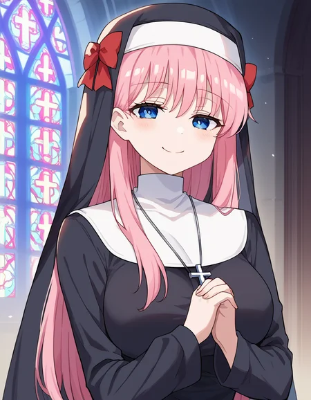 score_9, score_8_up, score_7_up, source_anime, nodokaharamura, <lora:nodoka-haramura-s1-ponyxl-lora-nochekaiser:1>, nodoka haramura, blue eyes, hair bow, long hair, pink hair, bow, large breasts,, <lora:traditional-nun-ponyxl-lora-nochekaiser:1>, traditional nun, nun, habit, long sleeves, dress, black dress, jewelry, black veil, cross, cross necklace,, church, smug, praying,, cowboy shot