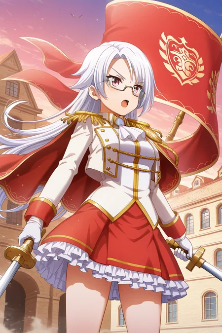 masterpiece, best quality, amazing quality,
<lora:Shiro_IL:1> shiro, 1girl, skirt, epaulettes, holding, weapon, red skirt, gloves, sword, long hair, glasses, solo, white gloves, aiguillette, holding weapon, open mouth, frills, holding sword, frilled skirt, jacket, flag, building, outdoors, long sleeves, cape, sky, altsk