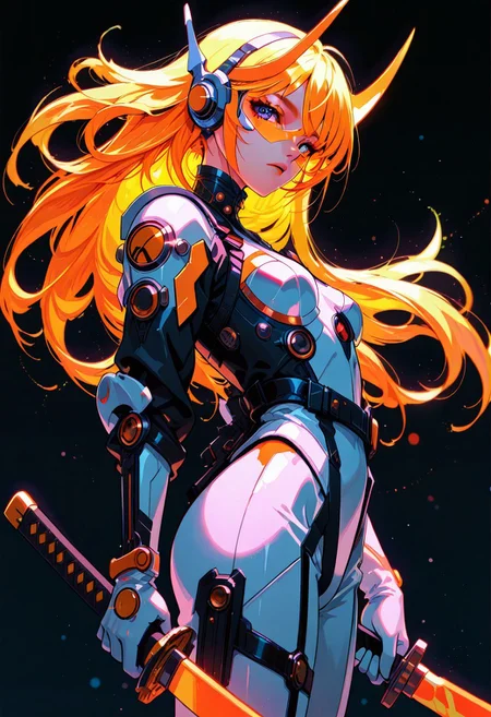 ckym, in the style of ckym, masterpiece, best quality, good quality, very aesthetic, absurdres, newest, 8K, depth of field, focused subject, artist:moriimee, BREAK  intricate linework with expressive contrasts, soft lighting with dynamic highlights, image of a female goddess, sci-fi headset, white plugsuit with armour, orange tinted cyberpunk visor, long bioluminescent hair, flowing hair, bangs, holding a glowing neon katana, looking at the viewer, dark background, bokeh, viewed from side, perfect hand