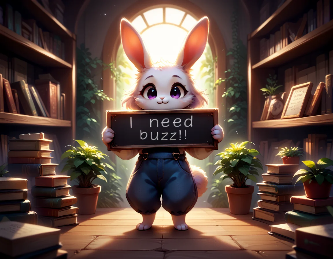 score_9, score_8_up, score_7_up, score_6_up, score_5_up, score_4_up, source_furry, rating_safe, a bunny girl in overalls in the library holding a sign that says "Buzz, please?", purple and white fur, furry, cute, books, plants, clock, god rays,need_buzz, holding sign <lora:need_buzz_sign_pony.safetensors:1.0> <lora:sd_xl_offset_example-lora_1.0.safetensors:1.0> <lora:Pony_QualityV4.0.safetensors:1.0>