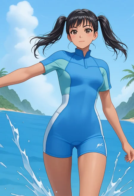 Manga style drawing of a beautiful Asian woman wearing a short sleeves (wetsuitBBS) on the beach of a tropical island, she has black hair tied in too ponytails, very slender figure, narrow hips, thigh gap, small waist, she is striking a dynamic pose splashing water in the sea