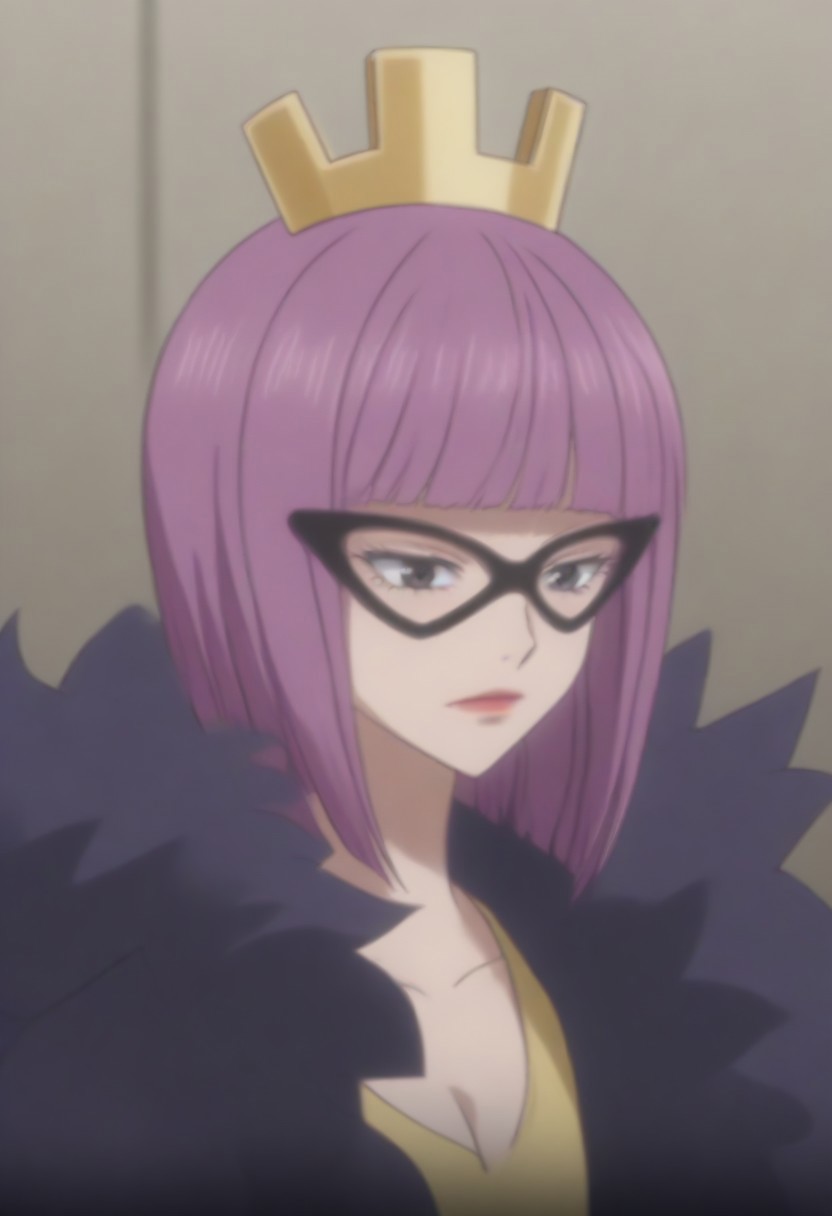 source_anime, anime screencap, source_anime, auratheguillotine, anime screencap, masterpiece, source_anime, shiny skin,,, KinderellaOP, 1girl, solo, tall woman, pink purple hair, bangs, bob cut, black eyes, lips, red lipstick, crown, long yellow dress, cleavage, dress with cutout, dark cape, wide hips, long light-colored gloves, eye-mask,