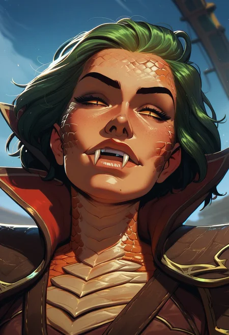 score_9, score_8_up, score_8, score_7_up, score_7, score_6_up, score_6, score_5_up, beautiful woman, (snake eyes, scales, fangs, evil look:1.2), (scales, scales on face:1.3), evil look, armor, tan skin with a green tint, vox machine style, 1girl, female focus, solo, close up portrait , fantasy, sky background, (dynamic lighting:1.1)
((masterpiece))