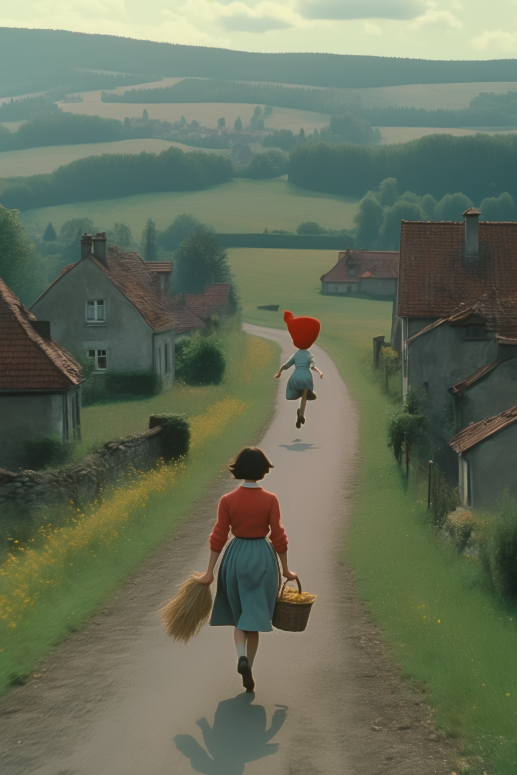 <lora:Director Krzysztof Kieslowski style:1>Director Krzysztof Kieslowski style - TYPE: Cinematic film still | : Against a backdrop of picturesque landscapes, she takes on her delivery tasks with unwavering determination. The camera captures the winding countryside roads, bathed in muted colors, as she races on her broomstick. The camera swoops and dives, mirroring her exhilarating flight, while the vibrant natural beauty of the surroundings contrasts with the emotional turmoil she experiences. The infusion of intensity into these scenes accentuates the challenges she faces, presenting them as profound metaphors for life's obstacles. | Director:  |  and atmospheric, tense, sleek | : Kiki's Delivery Service