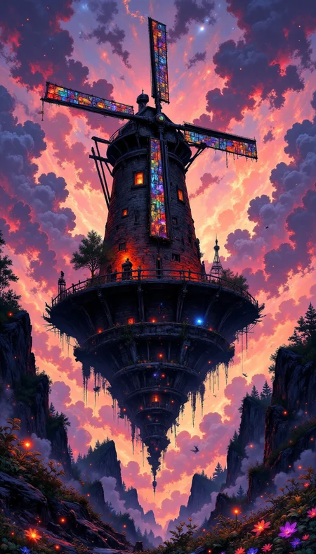 aidmamj6.1, pinkdarkcanvas, (bo-exporure, double exposure: 1.1), 
A surreal windmill standing alone on a floating island, its blades made of luminous stained glass that shimmer in the twilight. The sky is a blend of deep purples and fiery oranges, with swirling clouds moving in unnatural patterns. Tiny glowing fireflies dance near the windmill, creating a mystical aura. The ground is covered in bioluminescent flowers that pulse gently with light. A dreamlike, fantasy-inspired scene with intricate details and a painterly, ethereal atmosphere