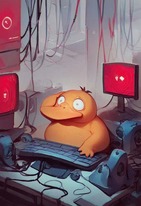 score_9, score_8_up, score_7_up, score_6_up, solo, psyduck blue robot in a control room, holding own head, red tired eyes, error red screen, errors, fire in a control room, sitting on a computer, wires in hands, looking at screen, wide eyed