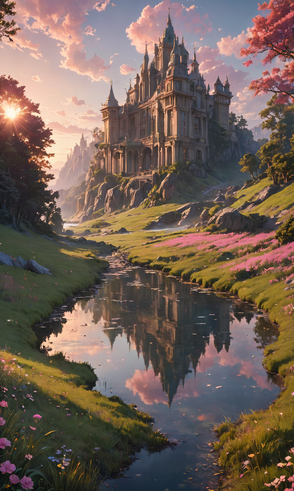A breathtakingly stunningly beautiful ultrawide angle masterpiece dream depth perspective clarity happy natural colours low angle view, archviz render, pink sunrise reflections grassland path clearing with a lake in front of a lake at the top, by kilian eng and peter mohrbacher and james jean, surreal epic architecture designed by harper's bazaar and j <lora:Fast:0.15>
