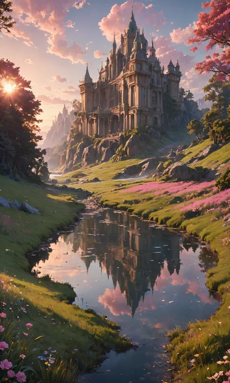 A breathtakingly stunningly beautiful ultrawide angle masterpiece dream depth perspective clarity happy natural colours low angle view, archviz render, pink sunrise reflections grassland path clearing with a lake in front of a lake at the top, by kilian eng and peter mohrbacher and james jean, surreal epic architecture designed by harper's bazaar and j <lora:Fast:0.15>