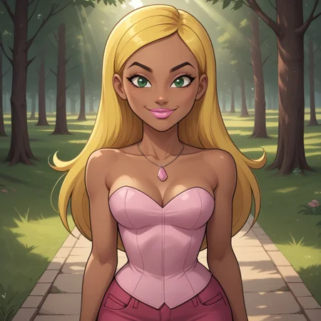 score_9, score_8, BREAK, solo, total drama, 1girl, blonde hair, long hair, dark skin, dark skin female, light pink corset, necklace, green eyes, pointy nose, lips, pink lips, pink jeans, light pink slippers, black eyebrows, lipstick, Dakota_(\Total_Drama\), tdroti, cute, attractive, gorgeous, sexy pose, smile, outdoors, sunlight, shadows, evening lighting, natural lighting, forest, trees, grass, orange sky, sunset