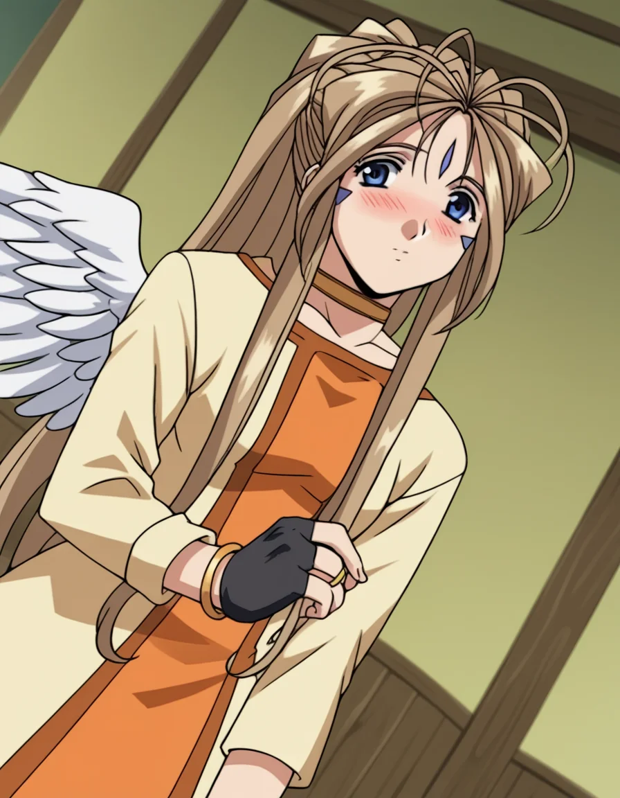 score_9, score_8_up, score_7_up, source_anime,
belldandy, <lora:belldandy-s2-ponyxl-lora-nochekaiser:1>,
belldandy, long hair, blue eyes, brown hair, facial mark, forehead mark,
gloves, wings, choker, fingerless gloves, bracelet, ring, feathers, angel wings,
indoors, bed, bed room, on side, blush, drunk,
cowboy shot, solo, dutch angle, looking at viewer,