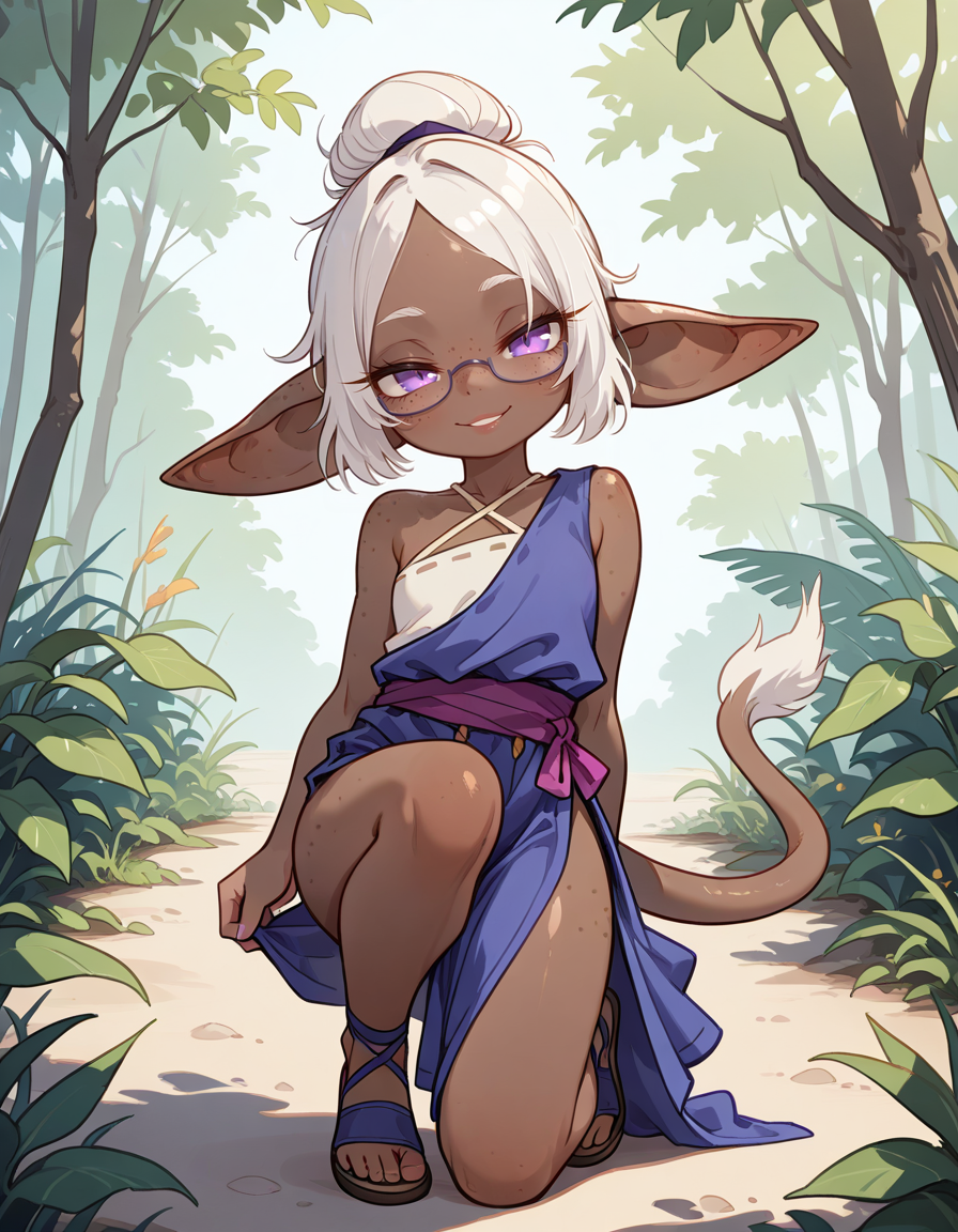 masterpiece, best quality, very aesthetic, absurdres,
outdoors,
full body, seductive smile, parted lips, long eyelashes,
 <lora:Gobi_v01_NAIXL:1>
G0b1,1girl,solo,goblin girl,dark-skinned female,pointy ears,short hair,white hair,single hair bun,ponytail,purple eyes,semi-rimless eyewear,freckles,colored skin,tail,