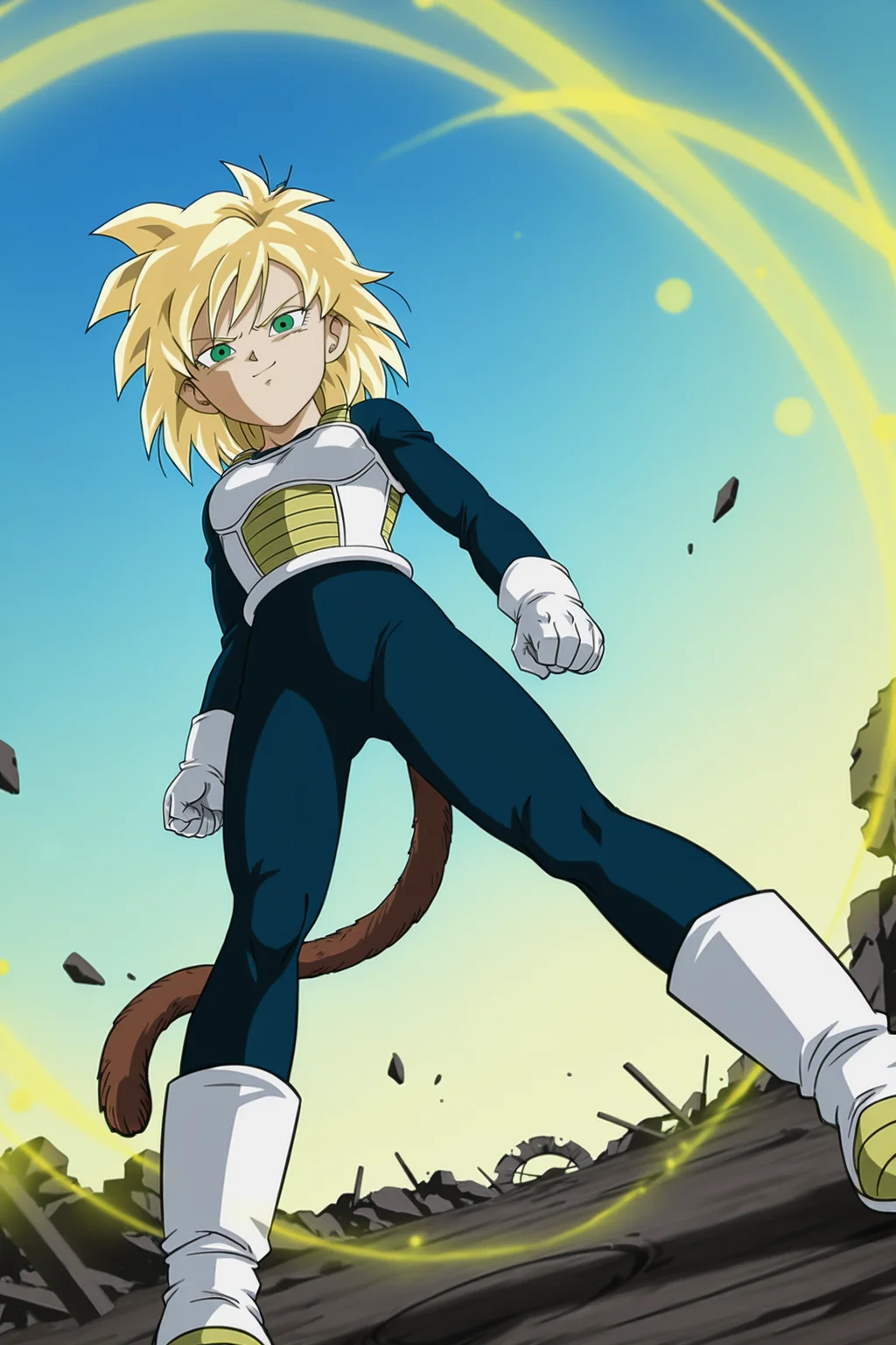 anime screencap, absurdres, high quality, official style, 
gine, super saiyan, official style, vegeta outfit, 1girl, solo, looking at viewer, crater, rubble, closed mouth, standing, long sleeves, full body, blonde hair, spiked hair, green eyes, monkey tail, blue bodysuit, saiyan armor, white saiyan armor, cowboy shot, dappled sunlight, smug, smirk, legs apart, arms by side, serious, frown, shadow, v-shaped eyebrows, white trim, clenched hands, white gloves, light rays, blue sky, from below, looking at another, dutch angle, ((golden aura)), 
 <lora:Gine_IL:0.8>