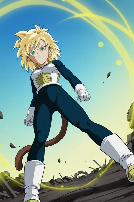 anime screencap, absurdres, high quality, official style,
gine, super saiyan, official style, vegeta outfit, 1girl, solo, looking at viewer, crater, rubble, closed mouth, standing, long sleeves, full body, blonde hair, spiked hair, green eyes, monkey tail, blue bodysuit, saiyan armor, white saiyan armor, cowboy shot, dappled sunlight, smug, smirk, legs apart, arms by side, serious, frown, shadow, v-shaped eyebrows, white trim, clenched hands, white gloves, light rays, blue sky, from below, looking at another, dutch angle, ((golden aura)),
<lora:Gine_IL:0.8>